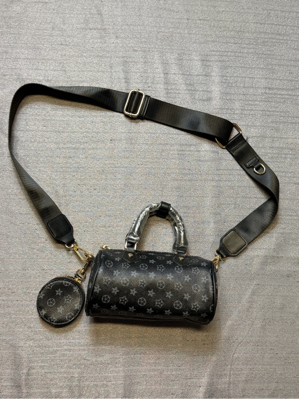 Black Patterned Barrel Crossbody Bag with Detachable Strap and mini coin purse